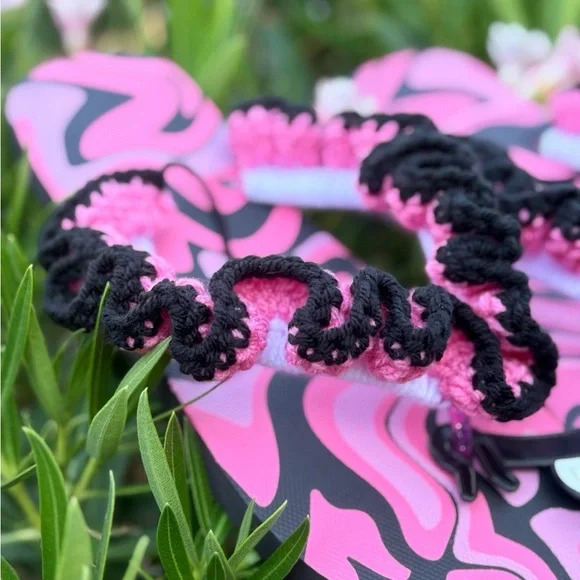 Vibrant Pink and Black Crochet Wavy Brim Hat | Flip Flops with Ruffles - Picture 9 of 12